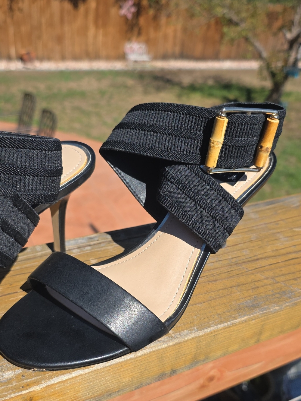 White House Black Market Gabbi Black Strappy Heels with Bamboo Buckle
